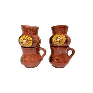 4 Vintage Mexican Tonala Pottery Mugs with Yellow Flowers